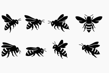 Fototapeta premium Minimalist honey bee silhouette set, clean vector style, solid black shapes, sharp details, high contrast, isolated on pure white background.