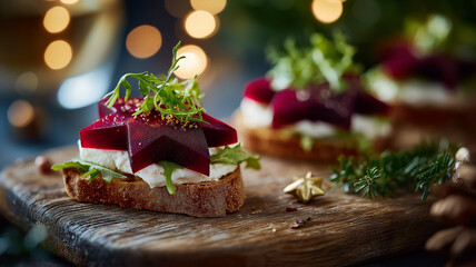 Fototapeta premium Delicious premium Christmas canapes adorned with vibrant beets and fresh greens for festive gatherings Generative AI