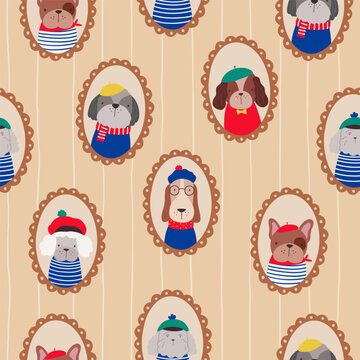 Seamless pattern with cute dogs in vintage portrait frames. Playful characters in stylish outfits create a charming, whimsical design perfect for kids products, textiles, wallpapers, creative projects