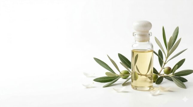 Clear glass anointing oil ampoule with alabaster stopper and olive sprigs isolated on white background