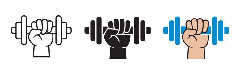 Fototapeta premium Strength training icon, clenched fist holding dumbbell, fitness workout symbol, gym bodybuilding sign, powerlifting endurance pictogram, vector illustration