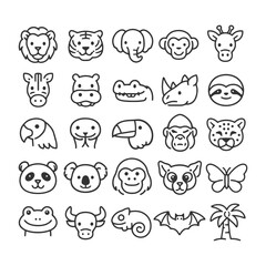 Fototapeta premium Cute animal icons set including mammals, birds, reptiles, and insects.