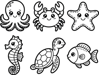 Fototapeta premium A set of cute hand drawn sea animals isolated on white background