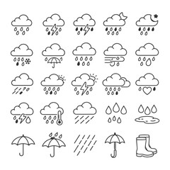 Obraz premium Weather icon set with clouds, rain, umbrellas, and boots illustrating various conditions.