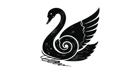 Fototapeta premium Elegant black swan with stylized swirling wings on white background