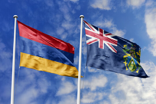 Armenia and Pitcairn Islands flags waving in a clear blue sky, symbolizing a powerful diplomacy, expanding global trade, a strategic partnership, and a shared vision of unity for a sustainable future.