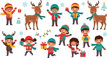 Christmas kids and reindeer characters set with winter clothes gifts and festive elements vector illustration © jafrine