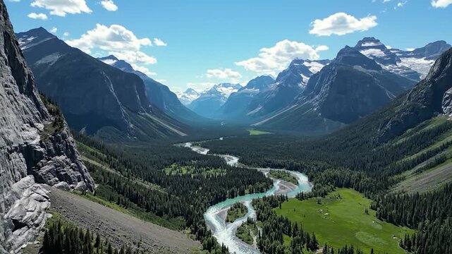 Expansive mountain valley with a winding river and dense forest
