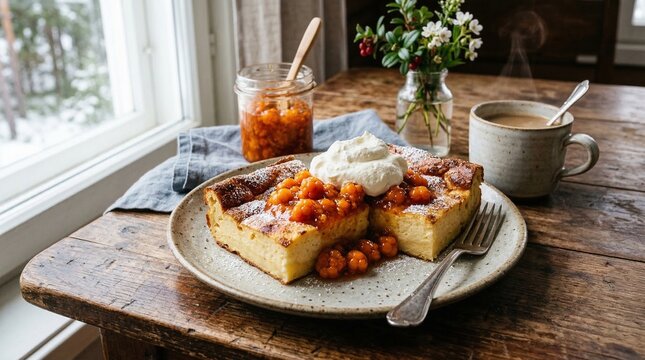 Oven-baked Finnish pancakes topped with berries and cream on wooden table  