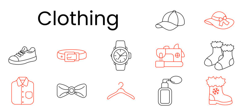 Clothing set icon. Outline pictograms, sneaker, belt buckle, wristwatch, sewing machine, sock pair, button shirt, bowtie, hanger, pump bottle, winter boot snowflake, baseball cap, brim hat.