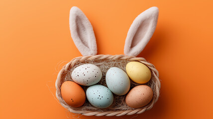 Naklejka premium Easter celebration comes alive with a charming basket of colorful eggs and a playful bunny theme Generative AI