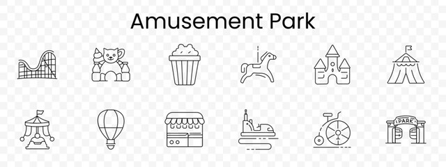 Fototapeta premium Amusement park set icon. Rollercoaster, mascot, popcorn, carousel, castle, circus, swingride, balloon, kiosk, bumpercar, wheelchair, entrance, entertainment, fun, festival, attraction