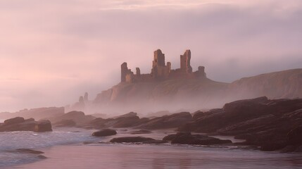 Obraz premium Ancient Celtic castle ruins meet misty dawn on rugged shores a serene landscape full of history