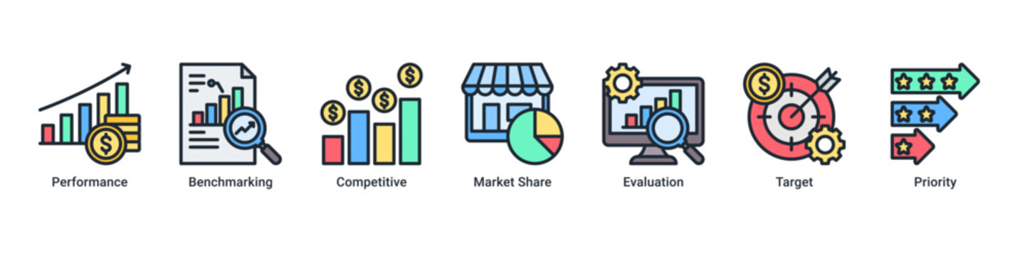 Performance Analysis web banner icon vector illustration with icons of Performance,Benchmarking,Competitive,Market Share,Evaluation,Target,and Priority