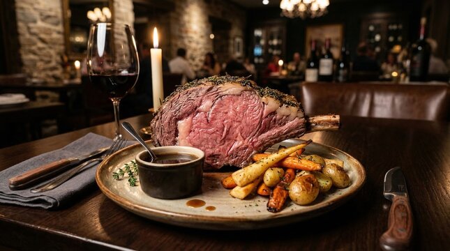 Slow-roasted prime rib served with roasted vegetables and red wine  