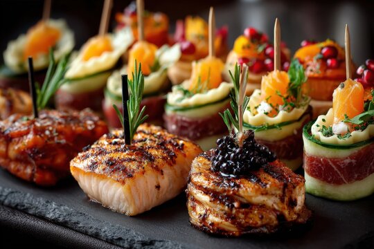 Elegant display of assorted gourmet appetizers including grilled salmon and seafood on a black slate platter, garnished with herbs and colorful toppings