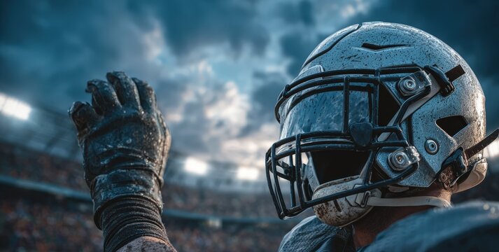 Football player wearing a helmet raises his hand against a dramatic sky in a stadium filled with spectators, showcasing athletic gear and determination in a competitive environment