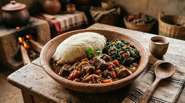 Traditional Ugali with stew and vegetables served in rustic kitchen  