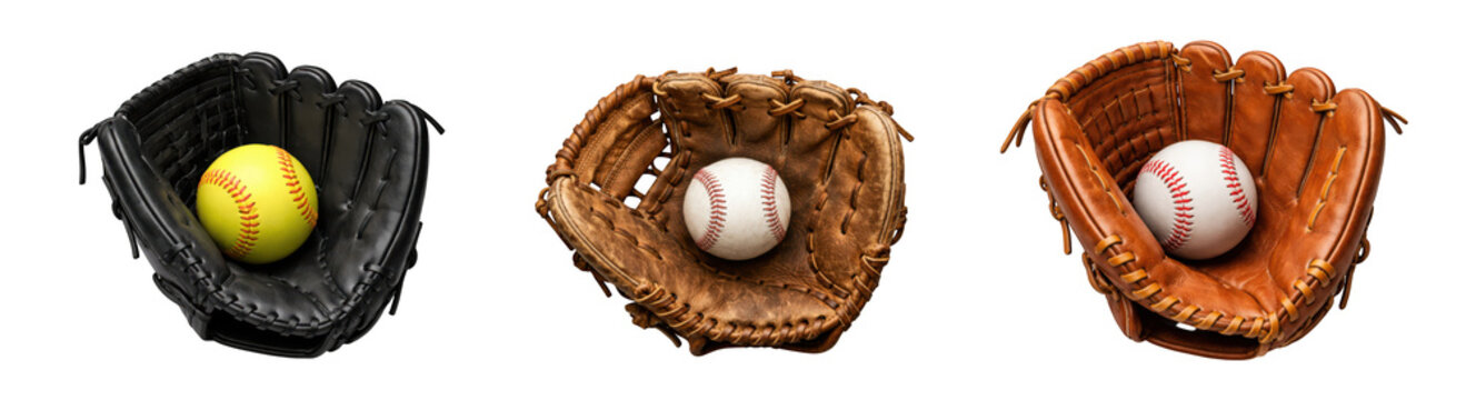 Three baseball gloves with baseball and softball sports equipment, transpar isolated on transparent background