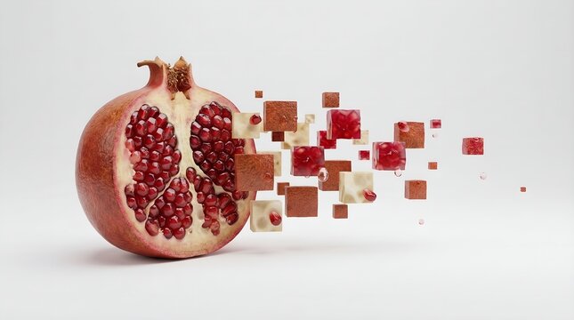 Pomegranate Exploding into 3D Cubes, Futuristic Minimal Concept