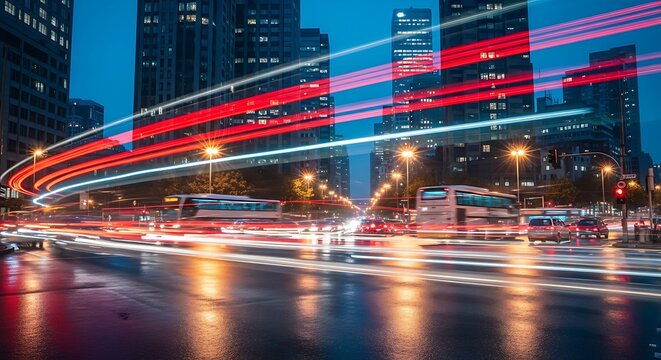 Long exposure night city street with motion blur light trails from passing traffic on a wet asphalt road between skyscrapers