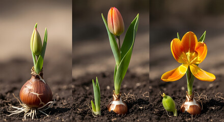 Obraz premium A composite image showing the life cycle of a tulip, illustrating the three main stages of growth from a single bulb to a fully bloomed flower in rich soil