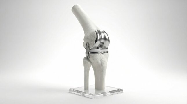 3D rendering of an artificial knee joint replacement implant, orthopedic surgery anatomical model isolated on a white background.