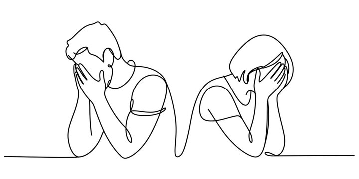 Continuous line drawing of a couple sitting back to back with their heads in hands expressing sadness