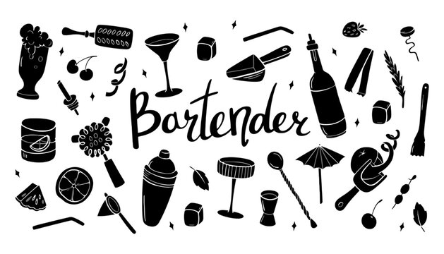 Bartender tools and equipment illustration in black and white