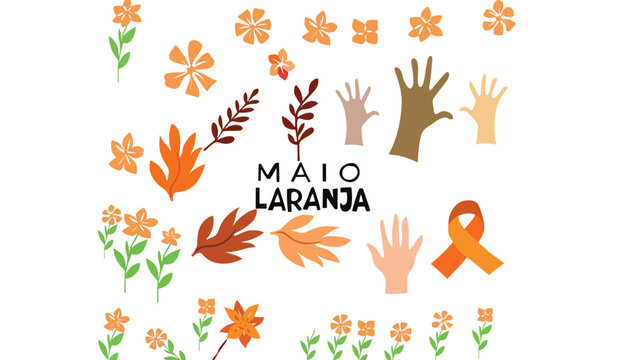 A colorful illustration of orange flowers and hands for Maio Laranja awareness