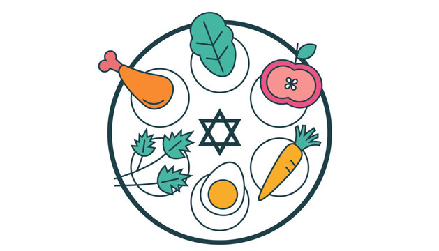 A kosher food plate illustration with traditional jewish symbols and dishes
