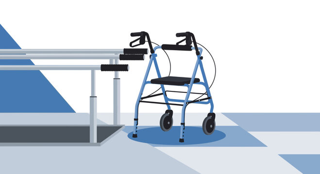 Rehabilitation walker and parallel bars in a therapy room, aiding recovery and mobility.
