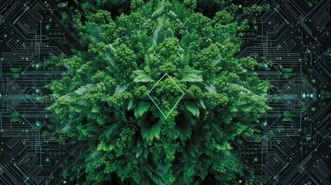 Nature and Technology Fusion: A striking visual of a lush, vibrant tree, seamlessly integrated with a high-tech circuit board backdrop, embodying the fusion of nature and technology.