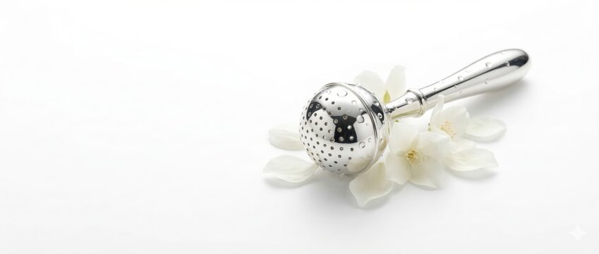 Polished silver aspergillum with water droplets and white jasmine petals isolated on white background