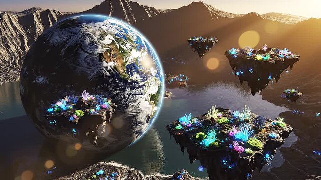 A surreal futuristic or fantasy planet with colorful islands