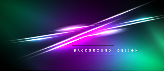 Obraz premium Abstract neon lines blend vibrant purple, green hues. Dark background emphasizes glowing streaks, modern design element.