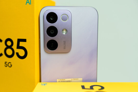 Bangkok, Thailand - March 25, 2026 : Realme phone Parrot Purple Colors. Realme C85 5G. CPU 8 Cores and 6.8 inches.