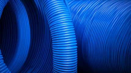 Obraz premium Abstract close-up of blue corrugated plastic pipes or conduits, showcasing textured surface and repeating circular patterns