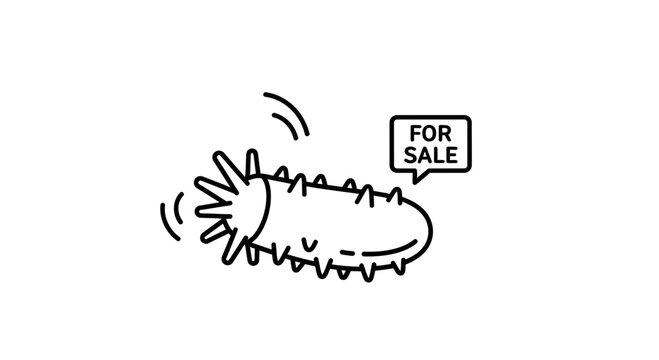 Funny sea cucumber with 'For Sale' sign, cartoon style, isolated on white background