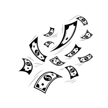 A black and white vector illustration of money flying through the air with a large arrow pointing upwards