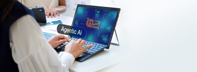 Plakat Businesswoman use agentic ai with ai agent using autonomous workflow for automation represents artificial intelligence innovation and digital transformation for business strategy management