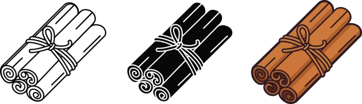 Collection of three distinct vector graphic illustrations representing a small tied bundle of aromatic cinnamon spice sticks ready for cooking or baking&nbsp;