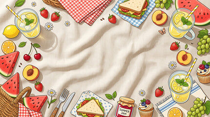 Naklejka premium Idyllic Summer Picnic Spread with Fresh Fruits, Lemonade, and Sandwiches on a White Blanket