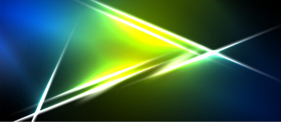 Naklejka premium Abstract background features vibrant blue, green, yellow light streaks. Diagonal lines intersect creating dynamic visual effect. Dark space surrounds bright colors.