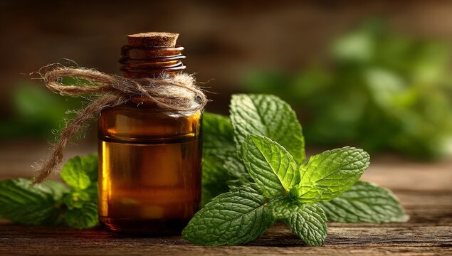 The small mint essential oil bottle, paired with fresh mint leaves, is positioned on a wooden table, reflecting healthcare and wellness