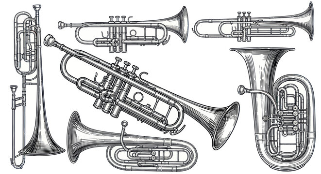 Vintage Brass Wind Instruments Collection: Trumpets, Tuba, Trombone, Euphonium