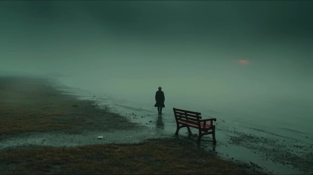 A lone individual strolls beside a wide, placid body of water shrouded in thick fog. The quiet, barren landscape and a vacant crimson seat evoke deep feelings of solitude.