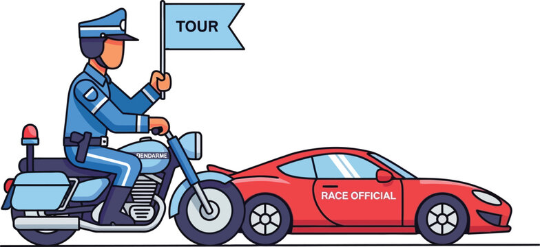 Police officer on a motorcycle leads a red race car while holding a tour guide flag.