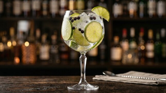 Classic gin and tonic cocktail with lime and berries in bar setting  