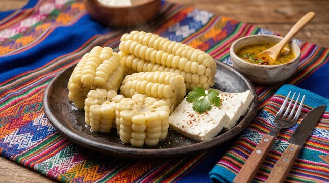 Peruvian corn (choclo) served with cheese on a colorful textile background  